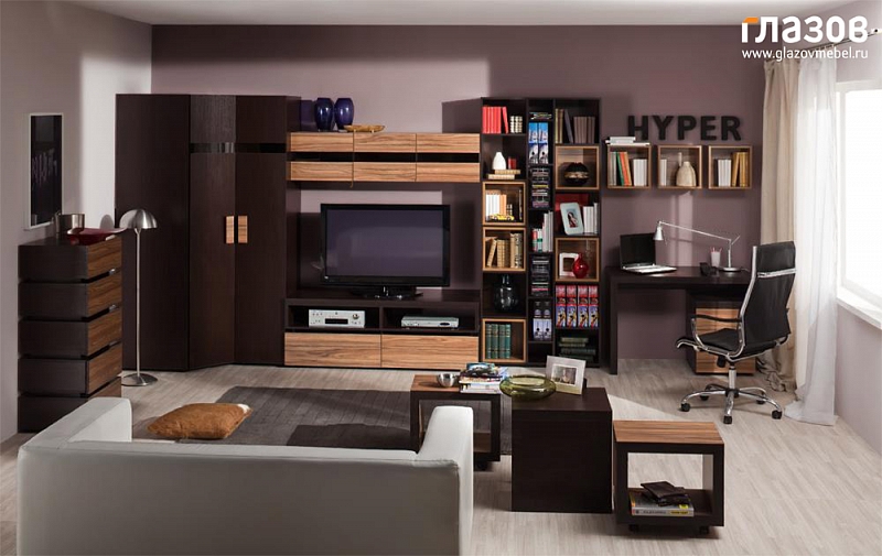 Мебель для гостиной Hyper: журнальные и письменные столы, шкафы для одежды, стеллажи и полки, комод.